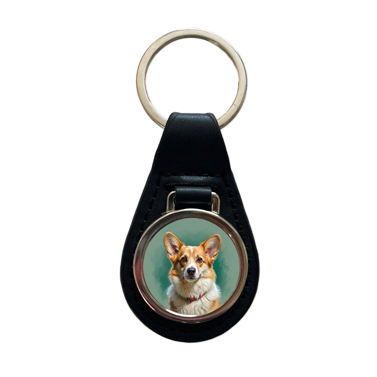 Pembroke Welsh Corgi Dog Illustration Black Leather Metal Keychain