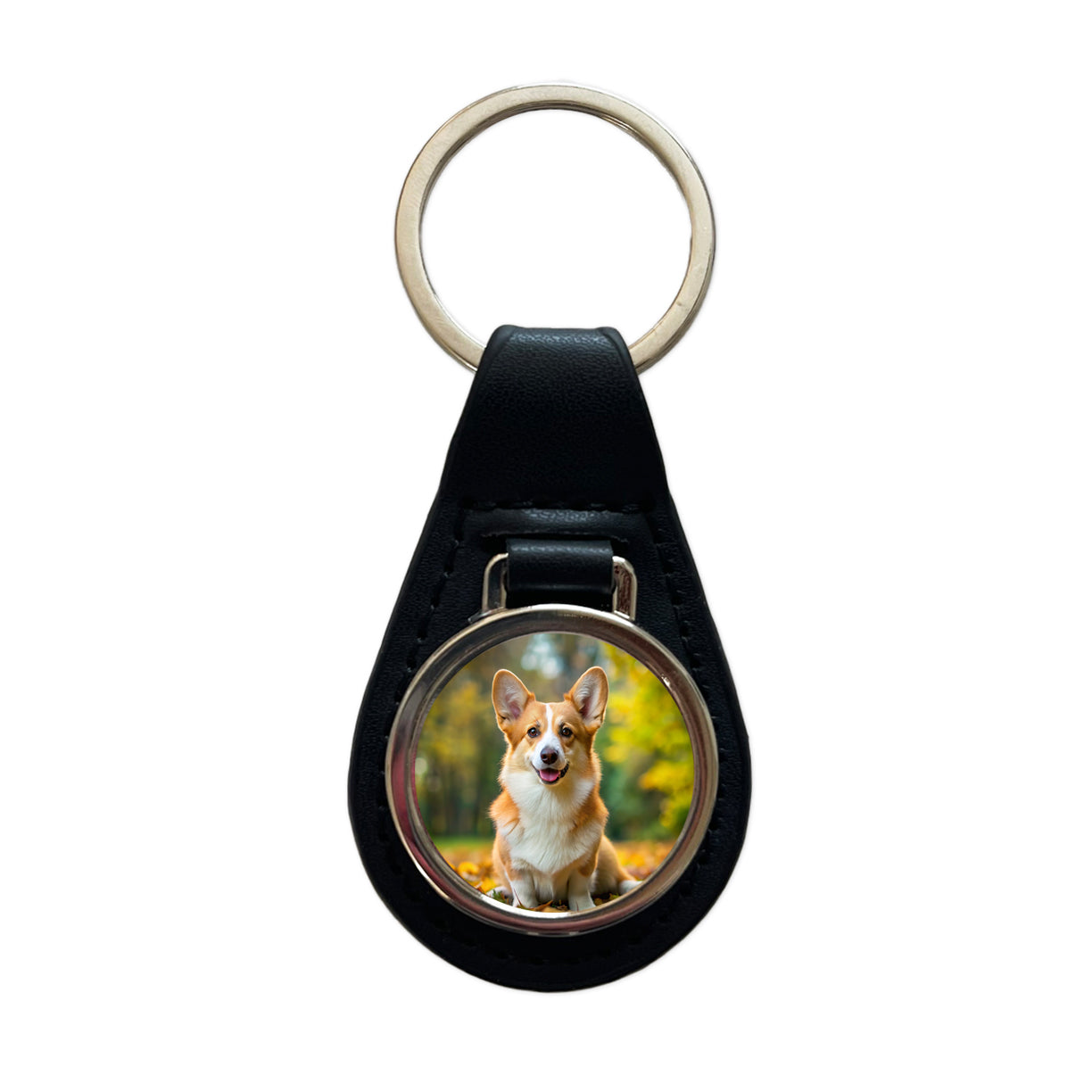 Pembroke Welsh Corgi Dog Photo Black Leather Metal Keychain
