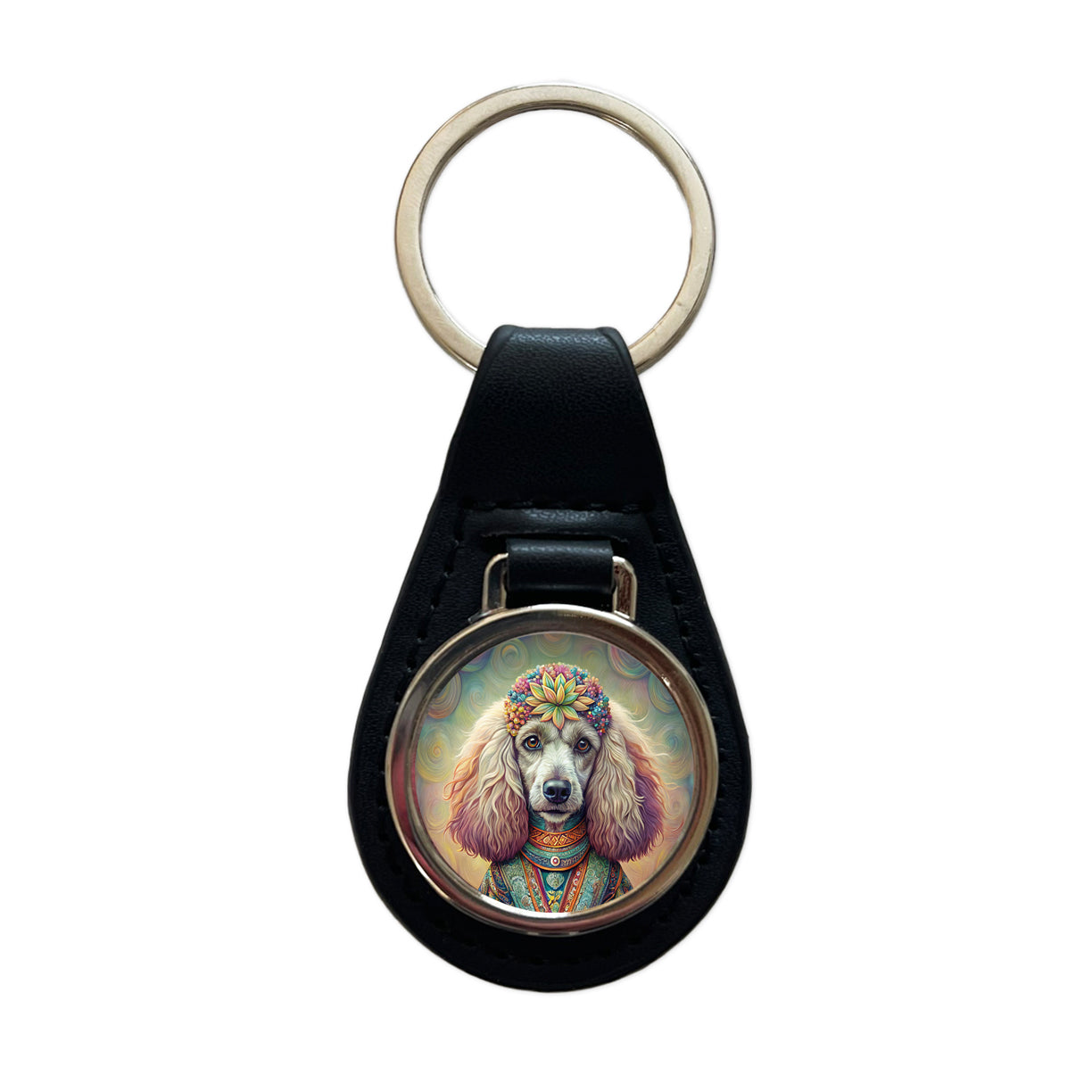 Poodle Dog Bohemian Art Black Leather Metal Keychain