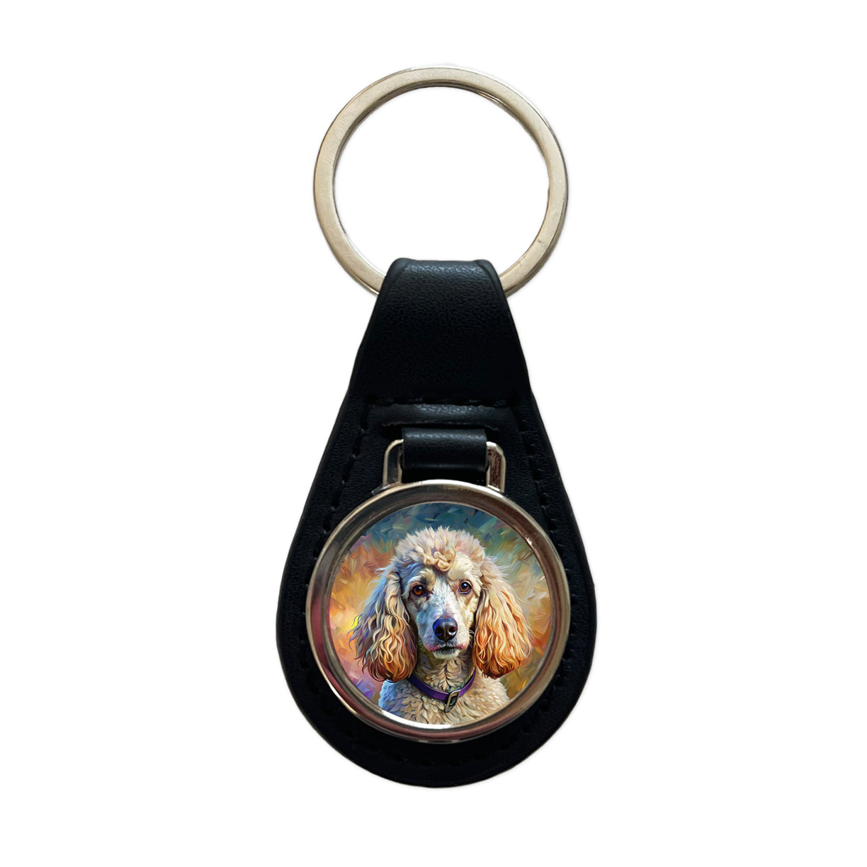 Poodle Dog Expressionism Art Black Leather Metal Keychain