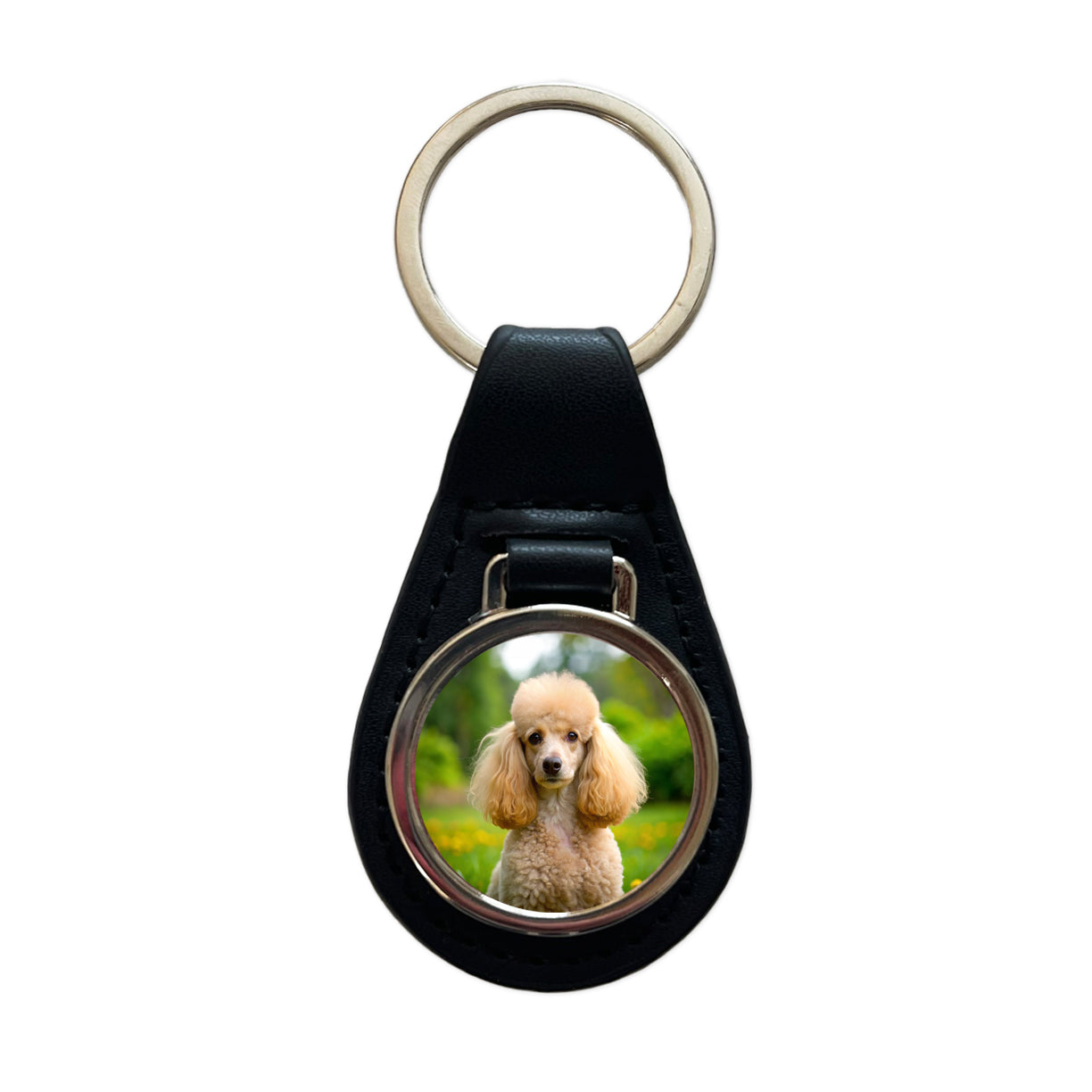 Poodle Dog Photo Black Leather Metal Keychain