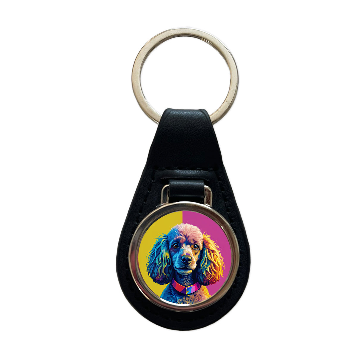 Poodle Dog Pop Art Black Leather Metal Keychain