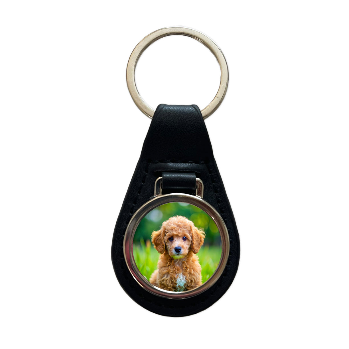 Poodle Dog Puppy Photo Black Leather Metal Keychain