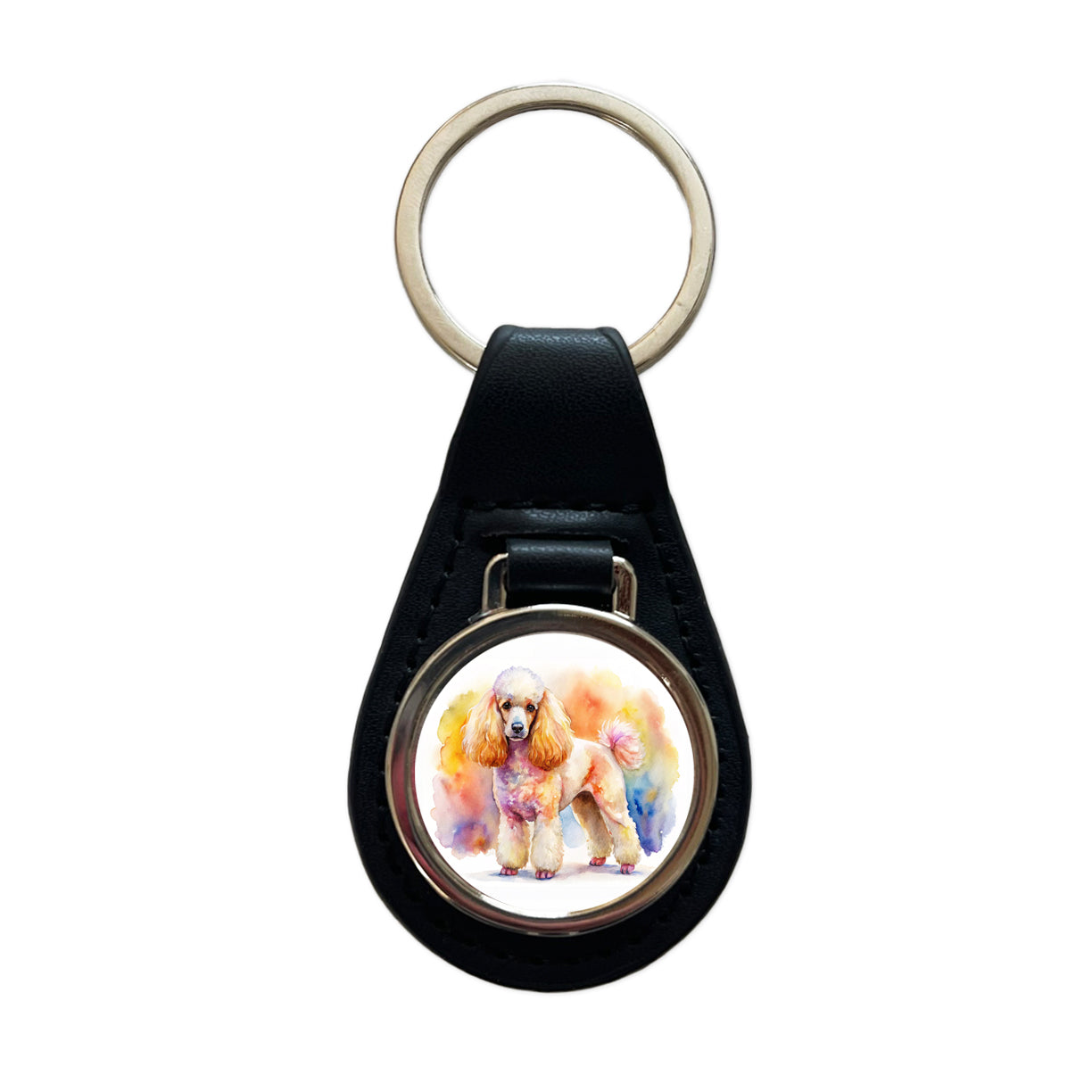 Poodle Dog Watercolor Style Black Leather Metal Keychain