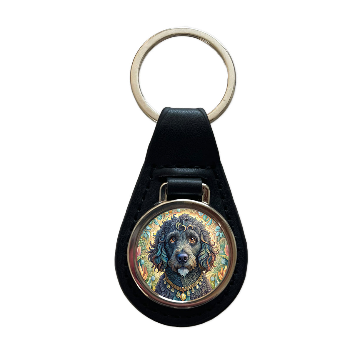 Portuguese Water Dog Art Nouveau Black Leather Metal Keychain