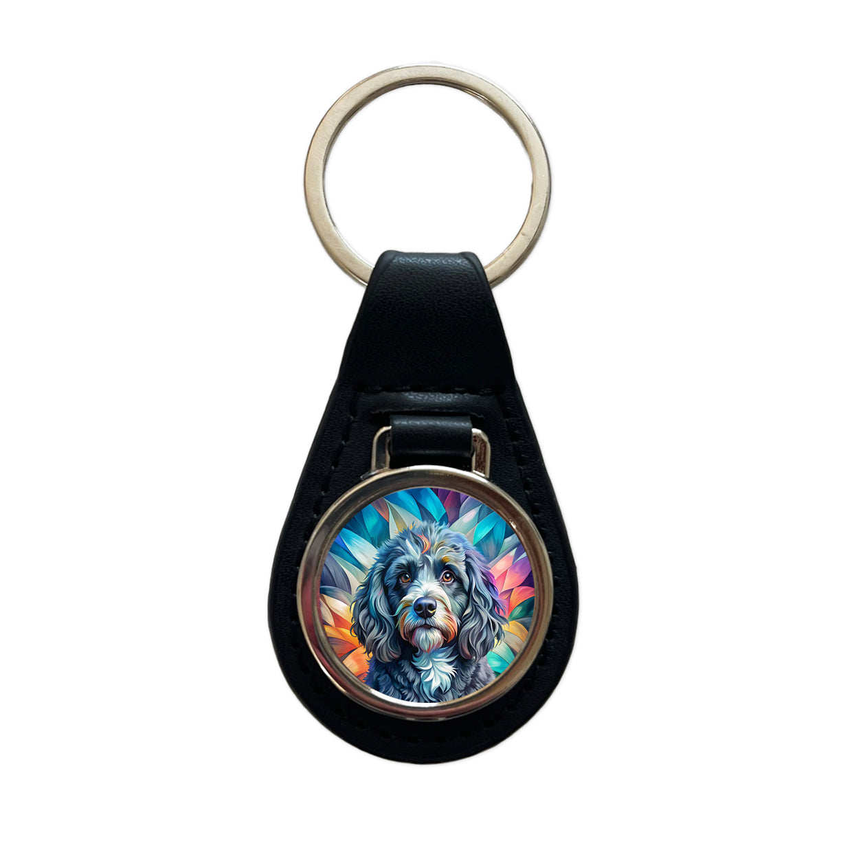 Portuguese Water Dog Contemporary Art Black Leather Metal Keychain