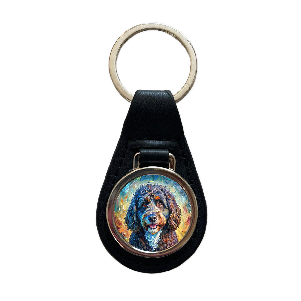 Portuguese Water Dog Expressionism Art Black Leather Metal Keychain