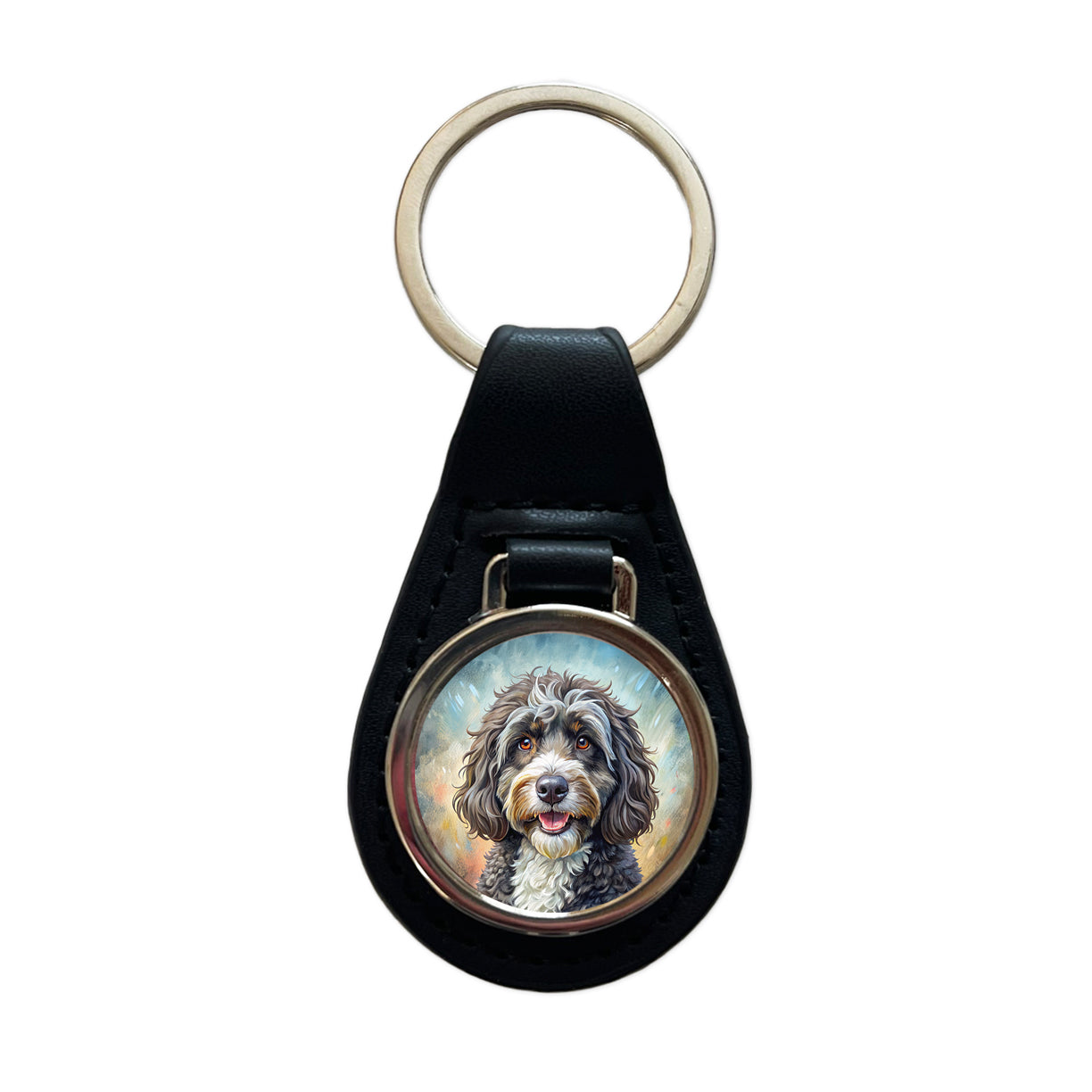 Portuguese Water Dog Illustration Black Leather Metal Keychain