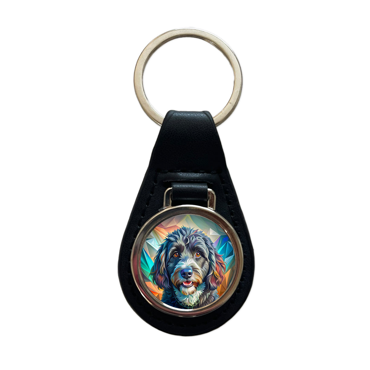 Portuguese Water Dog Pop Art Black Leather Metal Keychain