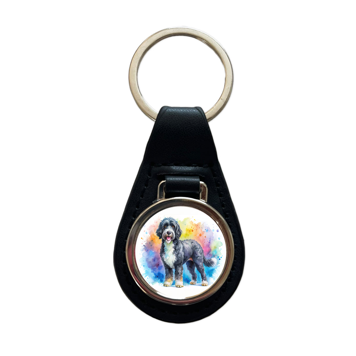 Portuguese Water Dog Watercolor Style Black Leather Metal Keychain