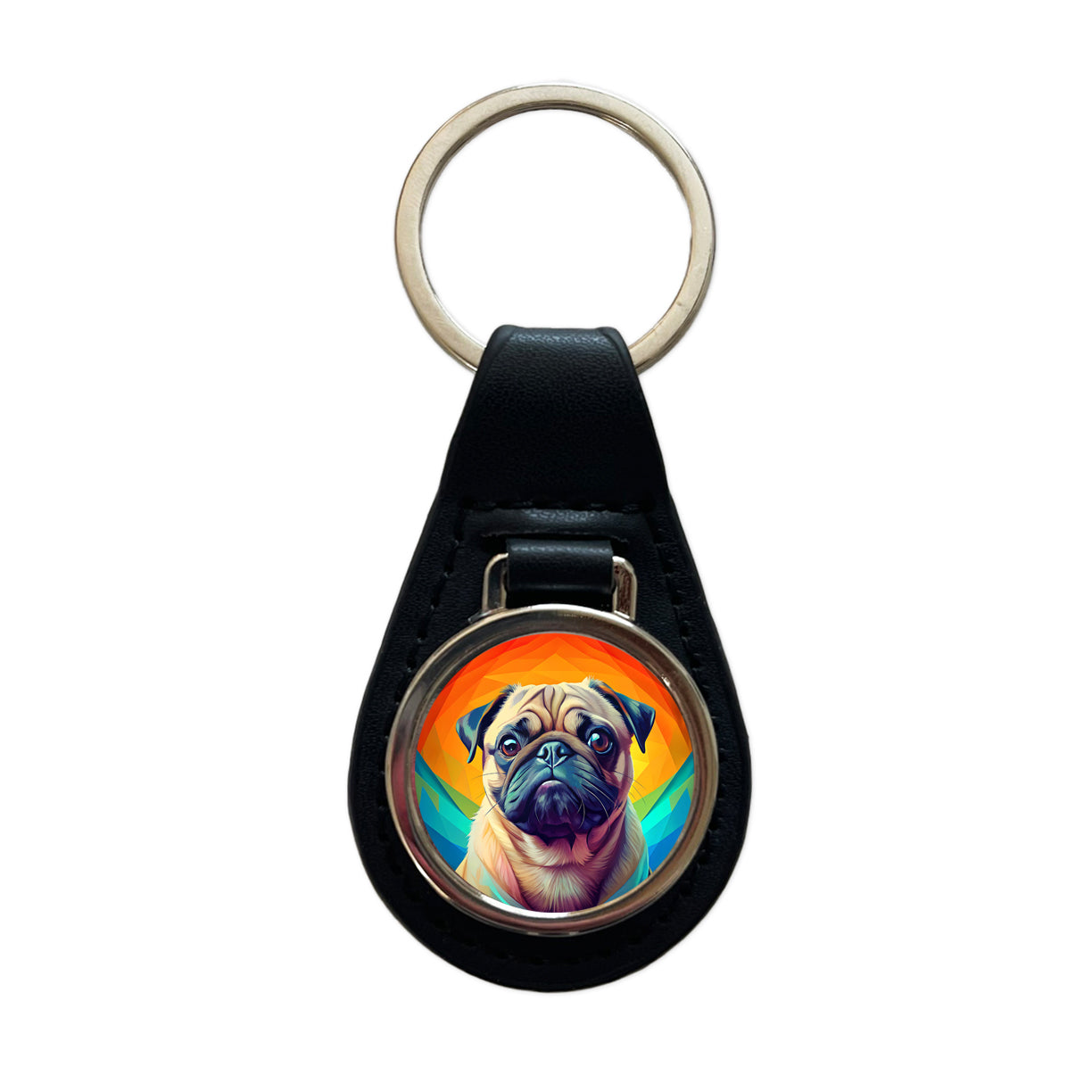 Pug Dog Pop Art Black Leather Metal Keychain
