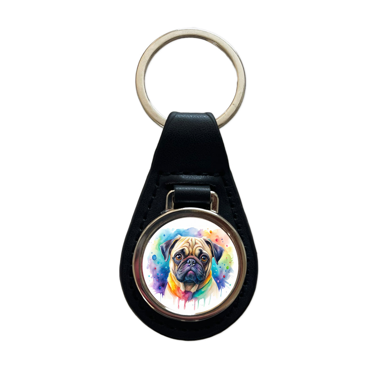 Pug Dog Watercolor Style Black Leather Metal Keychain