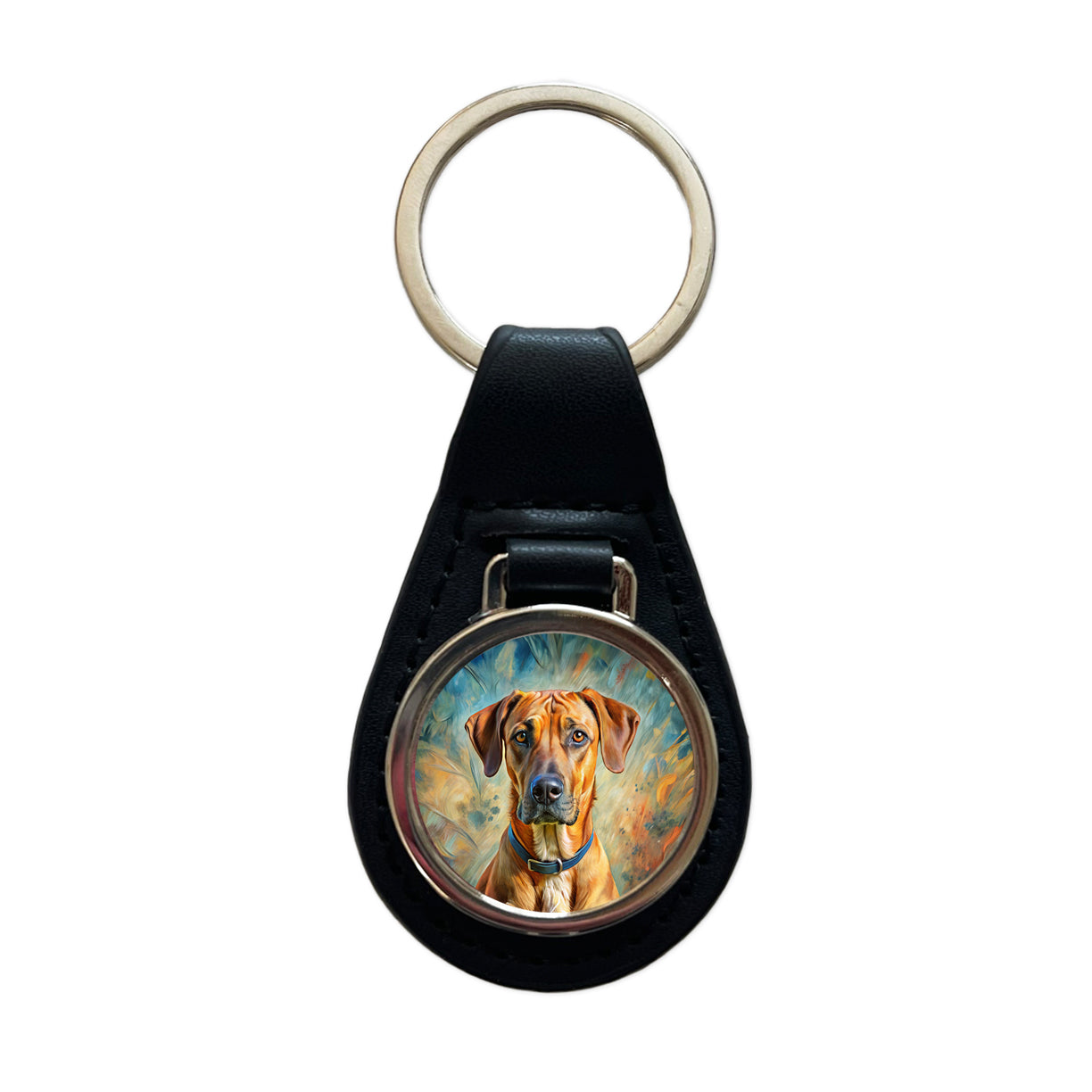 Rhodesian Ridgeback Dog Expressionism Art Black Leather Metal Keychain