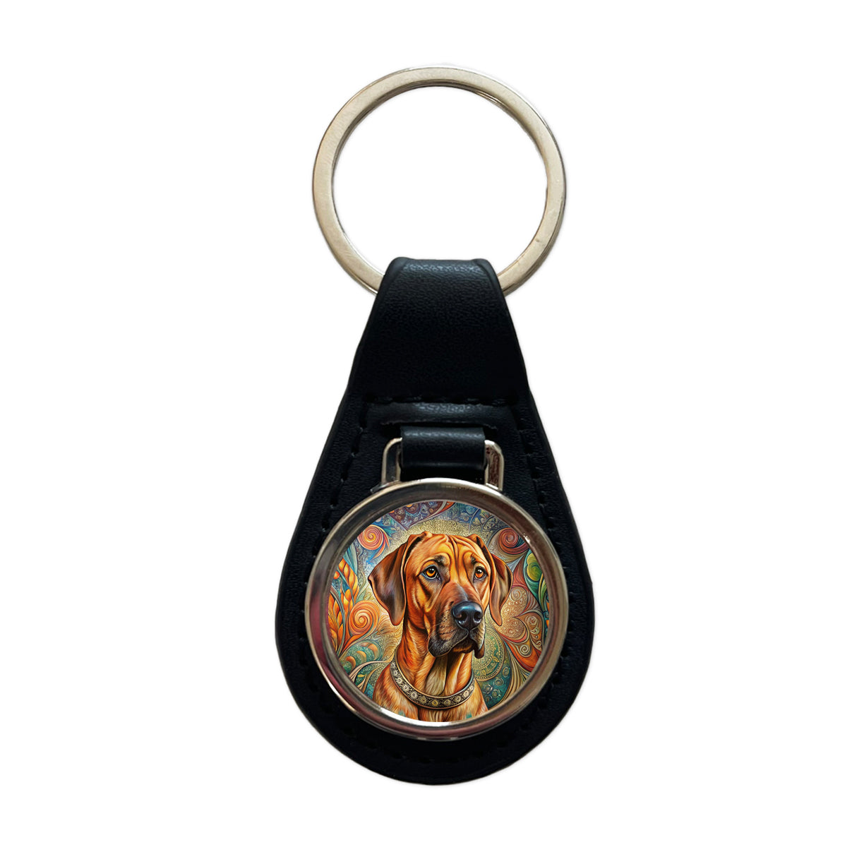 Rhodesian Ridgeback Dog French Bohemian Art Black Leather Metal Keychain