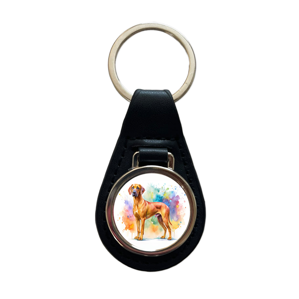 Rhodesian Ridgeback Dog Watercolor Style Black Leather Metal Keychain