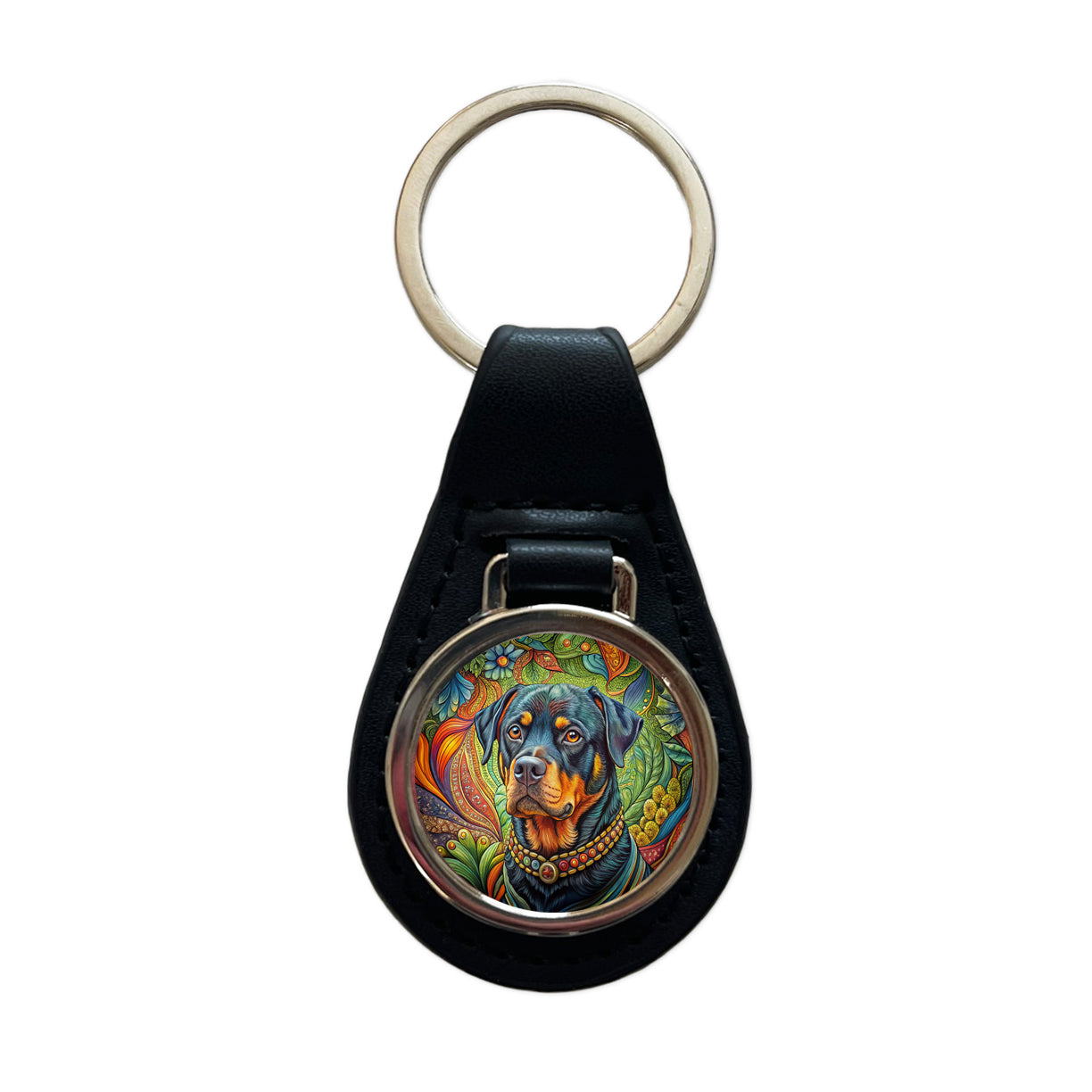 Rottweiler Dog Bohemian Art Black Leather Metal Keychain