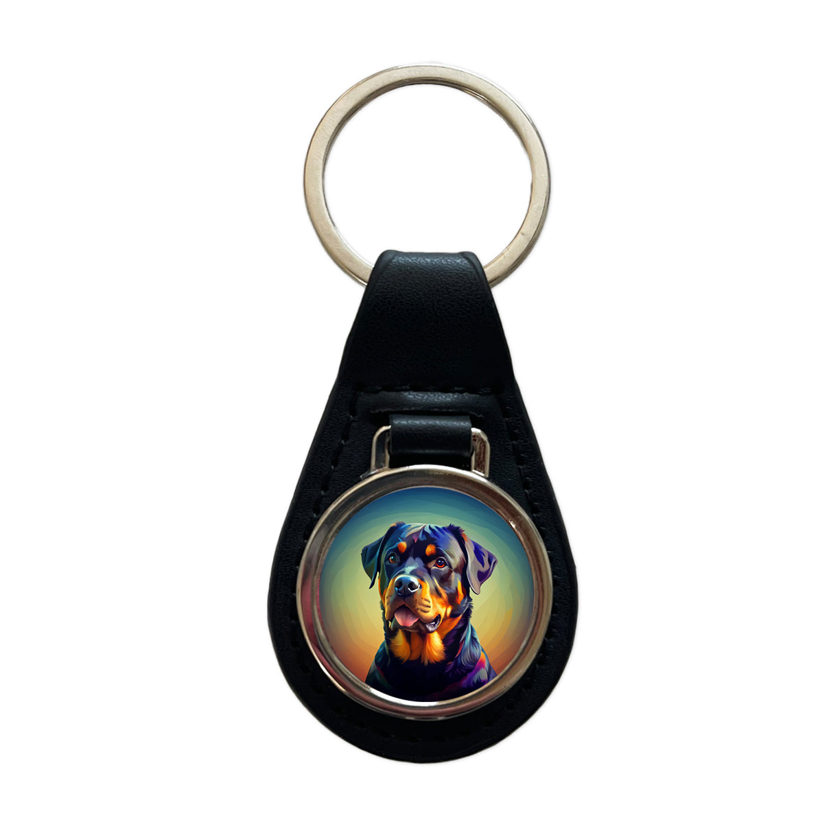 Rottweiler Dog Pop Art Black Leather Metal Keychain