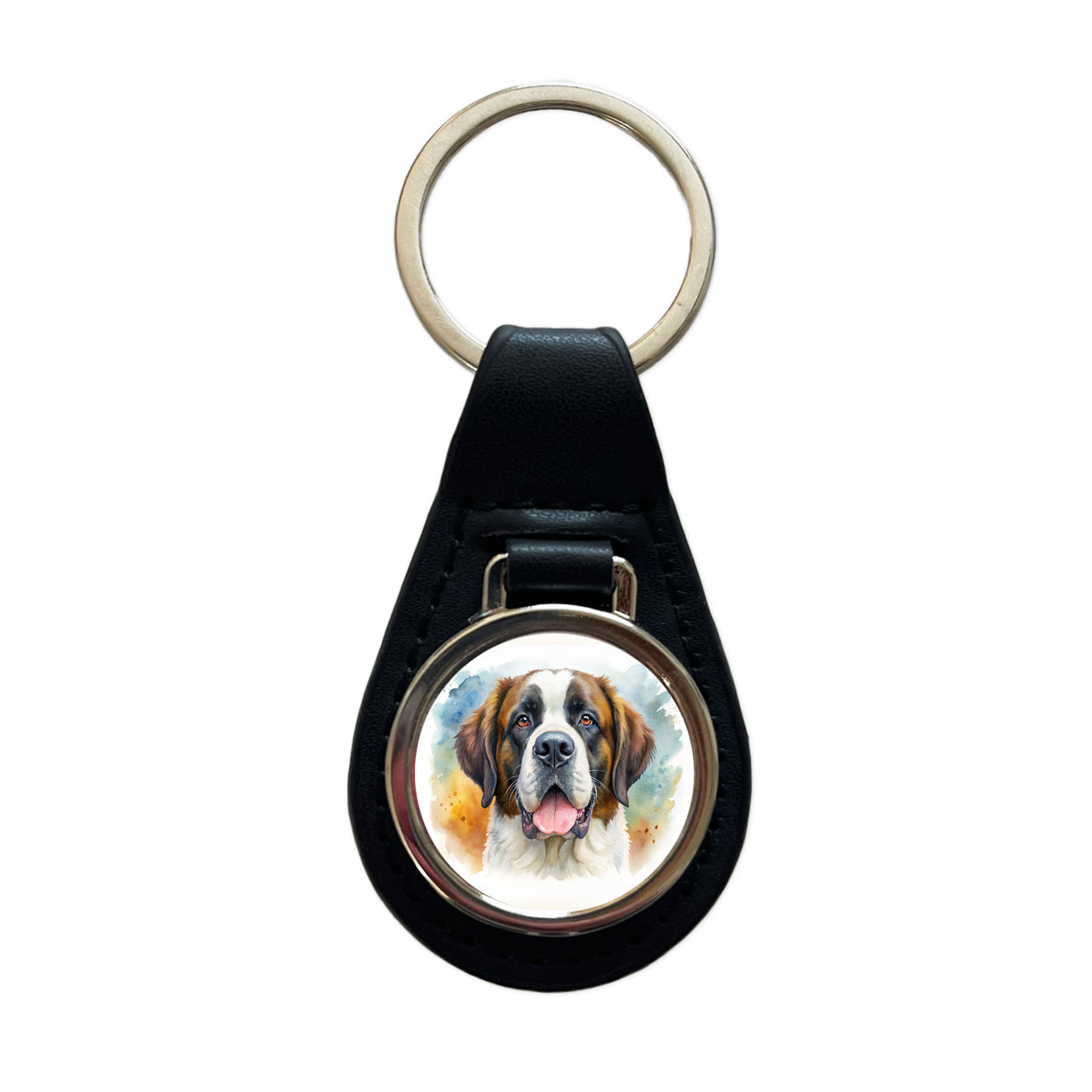 Saint Bernard Dog Watercolor Style Black Leather Metal Keychain