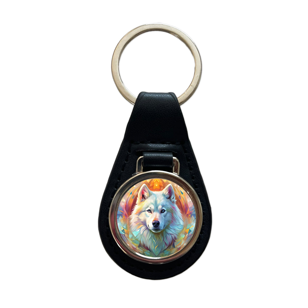 Samoyed Dog Abstract Art Black Leather Metal Keychain