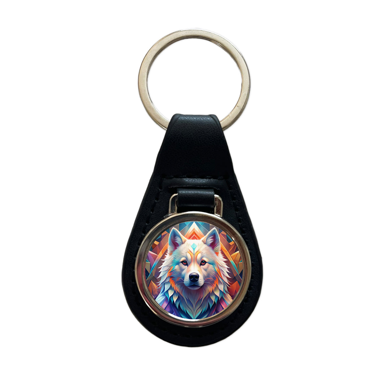 Samoyed Dog Abstract Stylized Art Black Leather Metal Keychain