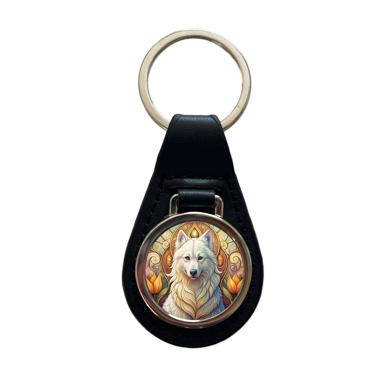 Samoyed Dog Art Nouveau Black Leather Metal Keychain