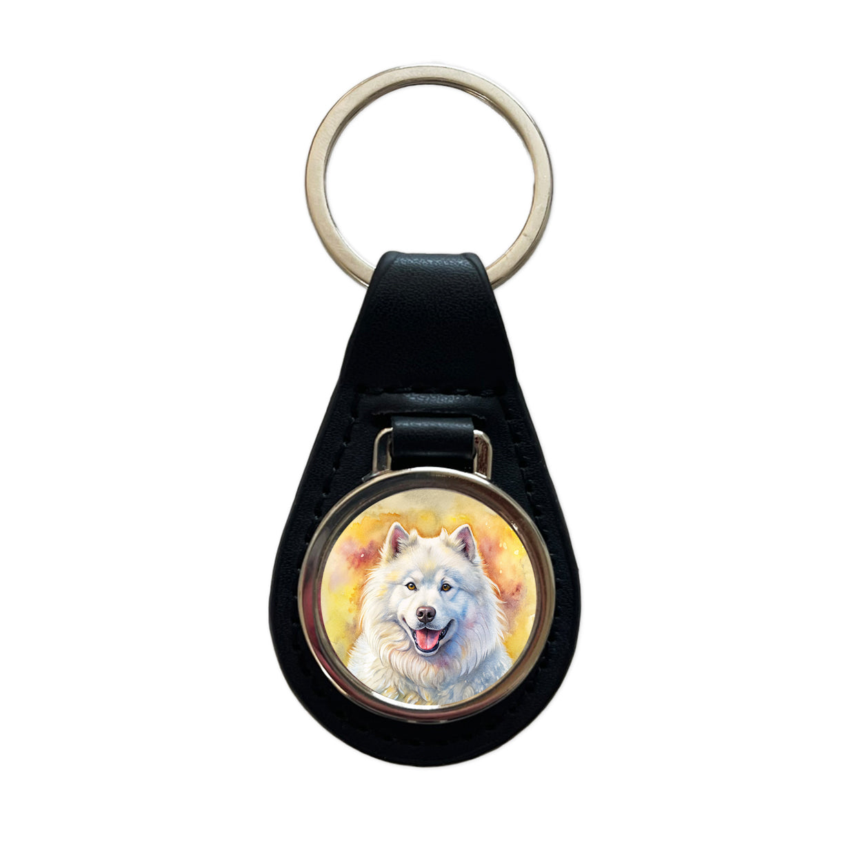 Samoyed Dog Illustration Black Leather Metal Keychain
