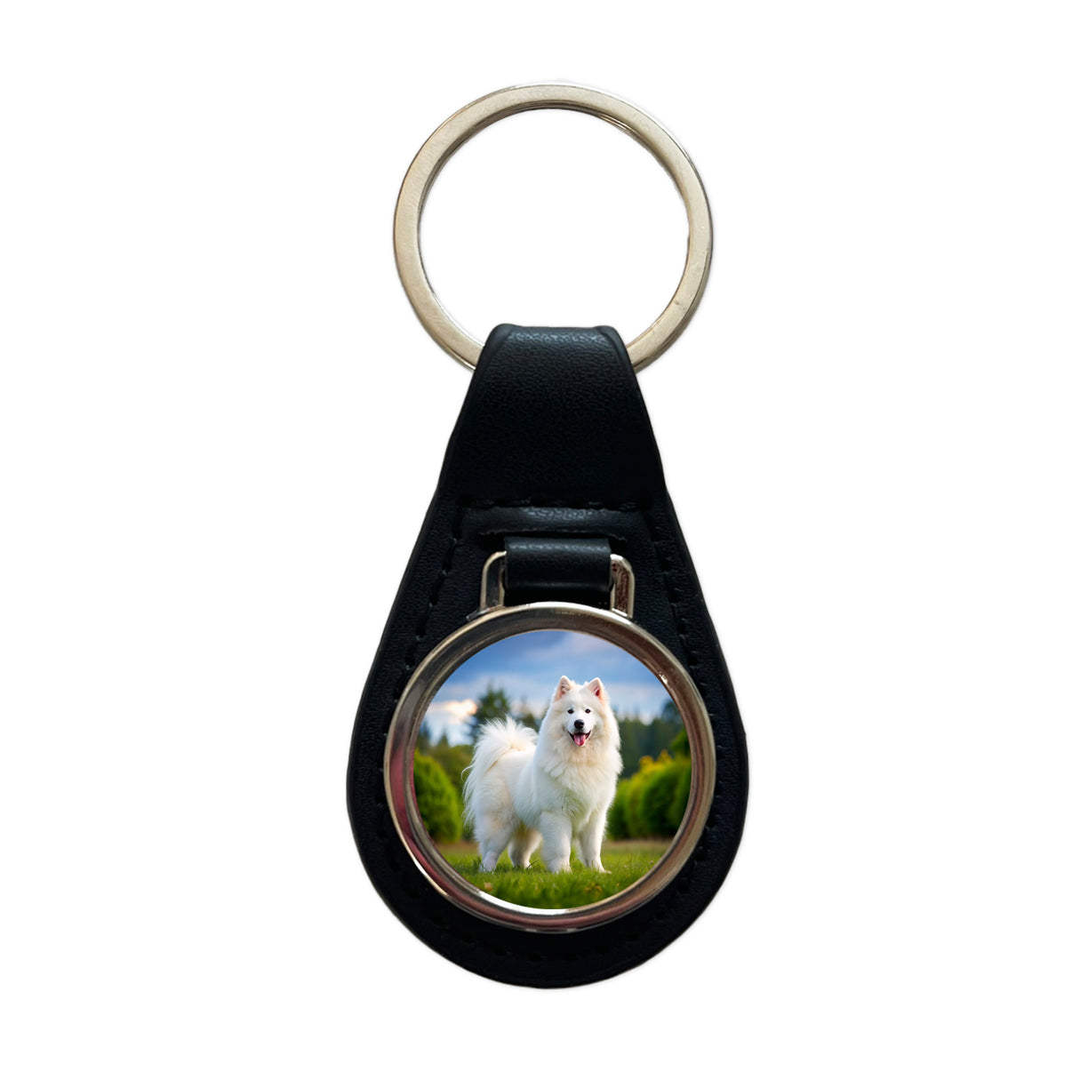 Samoyed Dog Photo Black Leather Metal Keychain