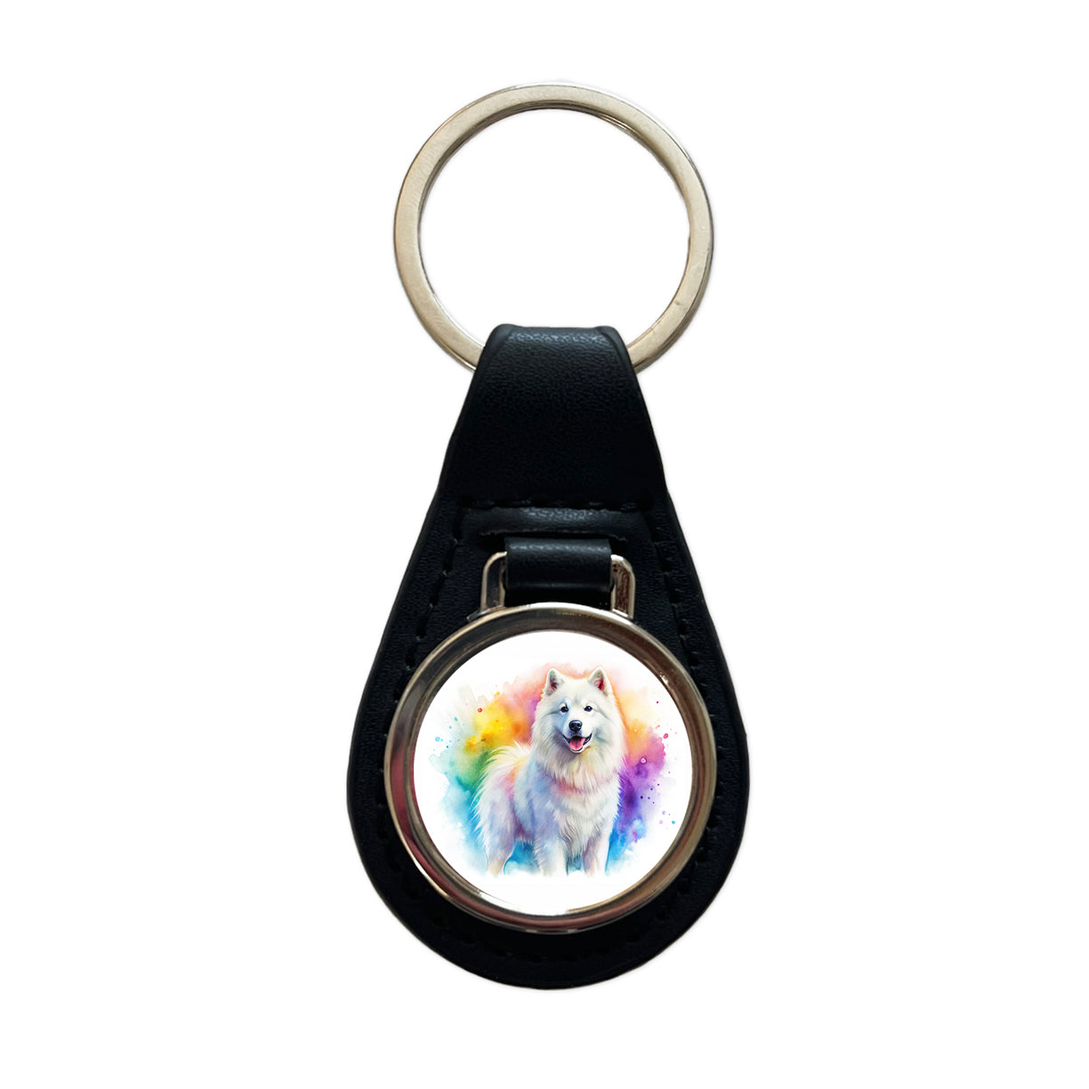 Samoyed Dog Watercolor Style Black Leather Metal Keychain