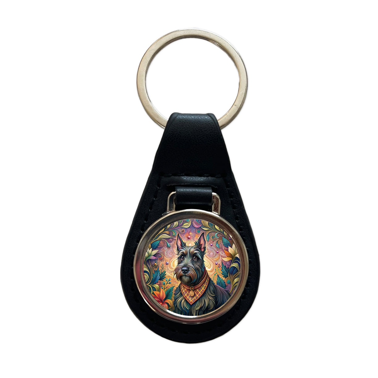 Scottish Terrier Dog French Bohemian Art Black Leather Metal Keychain