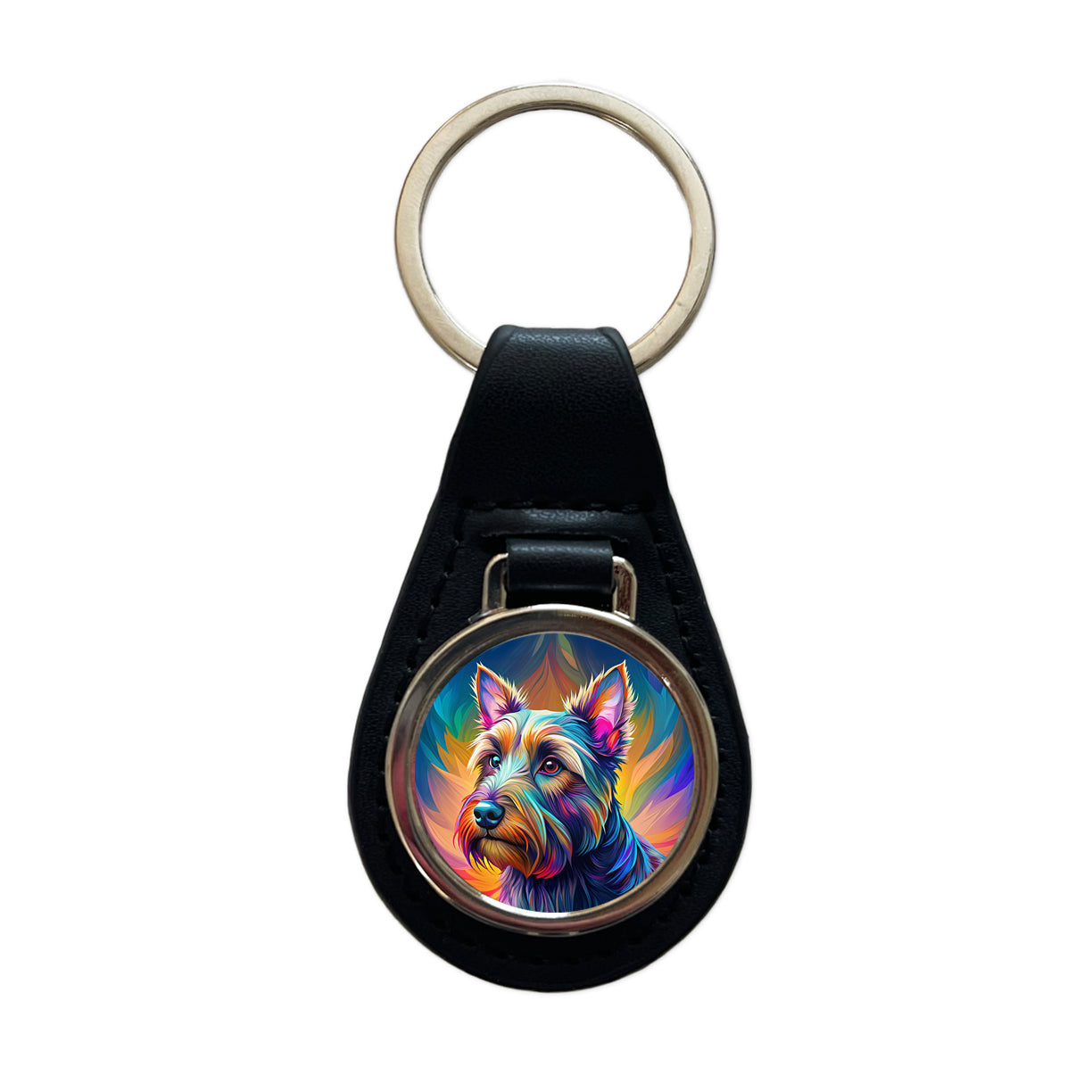 Scottish Terrier Dog Pop Art Black Leather Metal Keychain