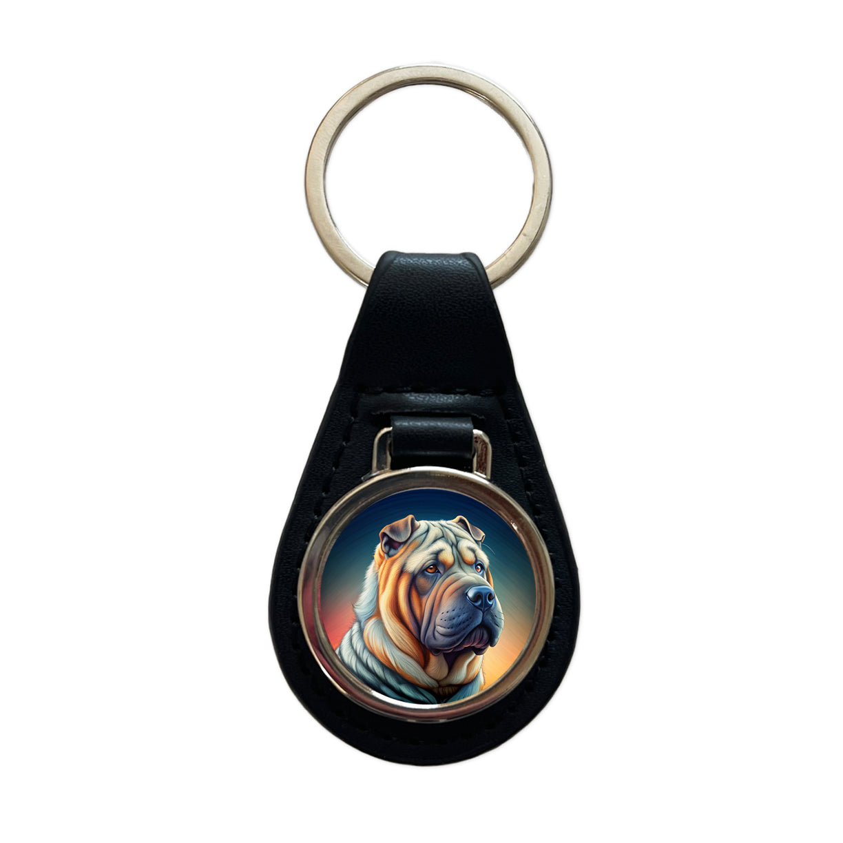 Shar Pei Dog Art Nouveau Black Leather Metal Keychain