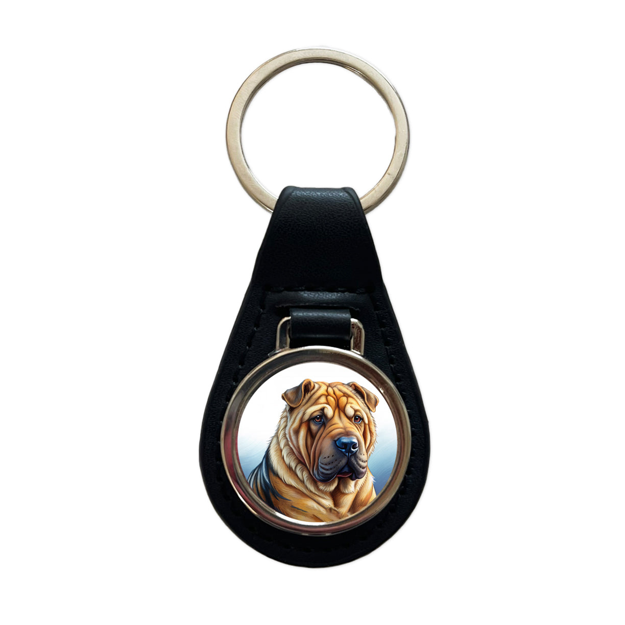 Shar Pei Dog Illustration Black Leather Metal Keychain