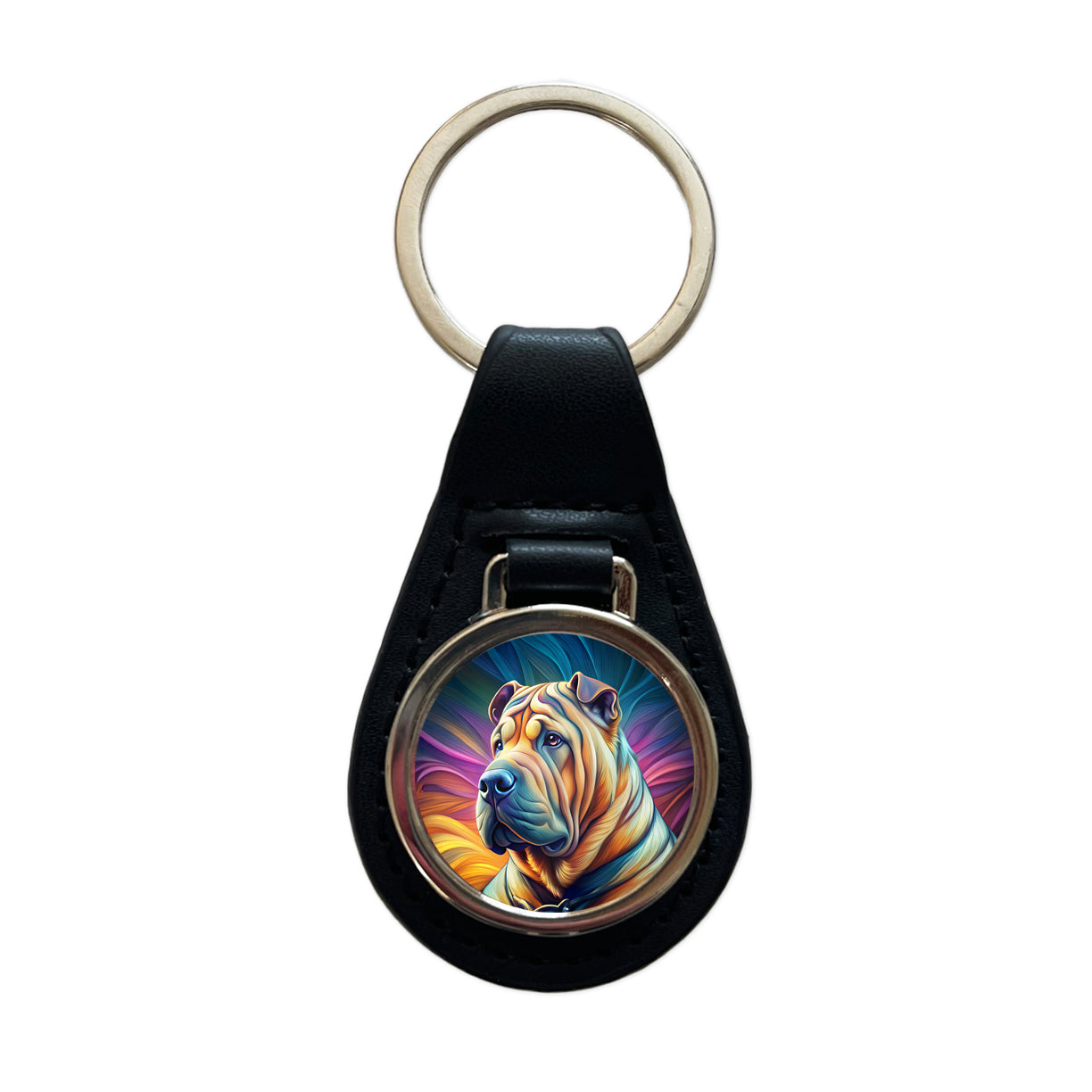 Shar Pei Dog Pop Art Black Leather Metal Keychain