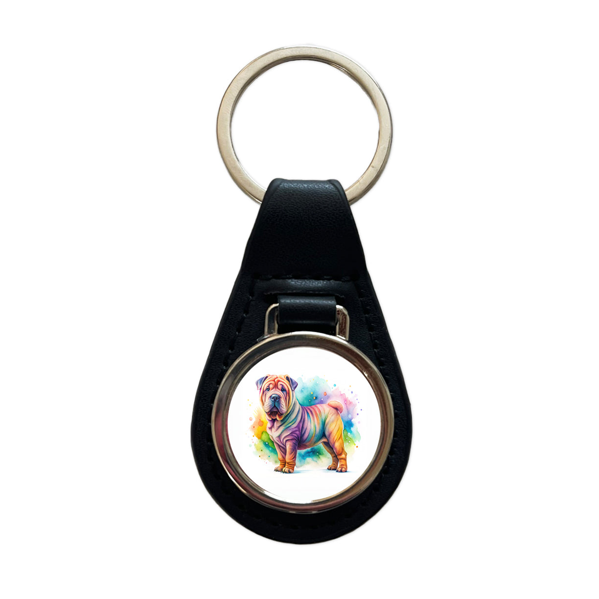 Shar Pei Dog Watercolor Style Black Leather Metal Keychain