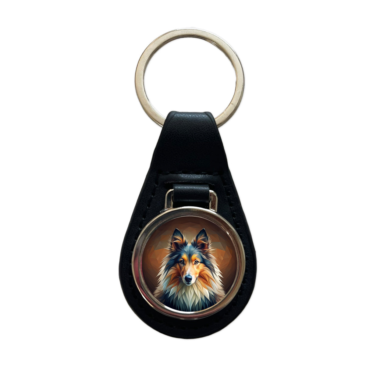 Shetland Sheepdog Sheltie Dog Abstract Stylized Art Black Leather Metal Keychain