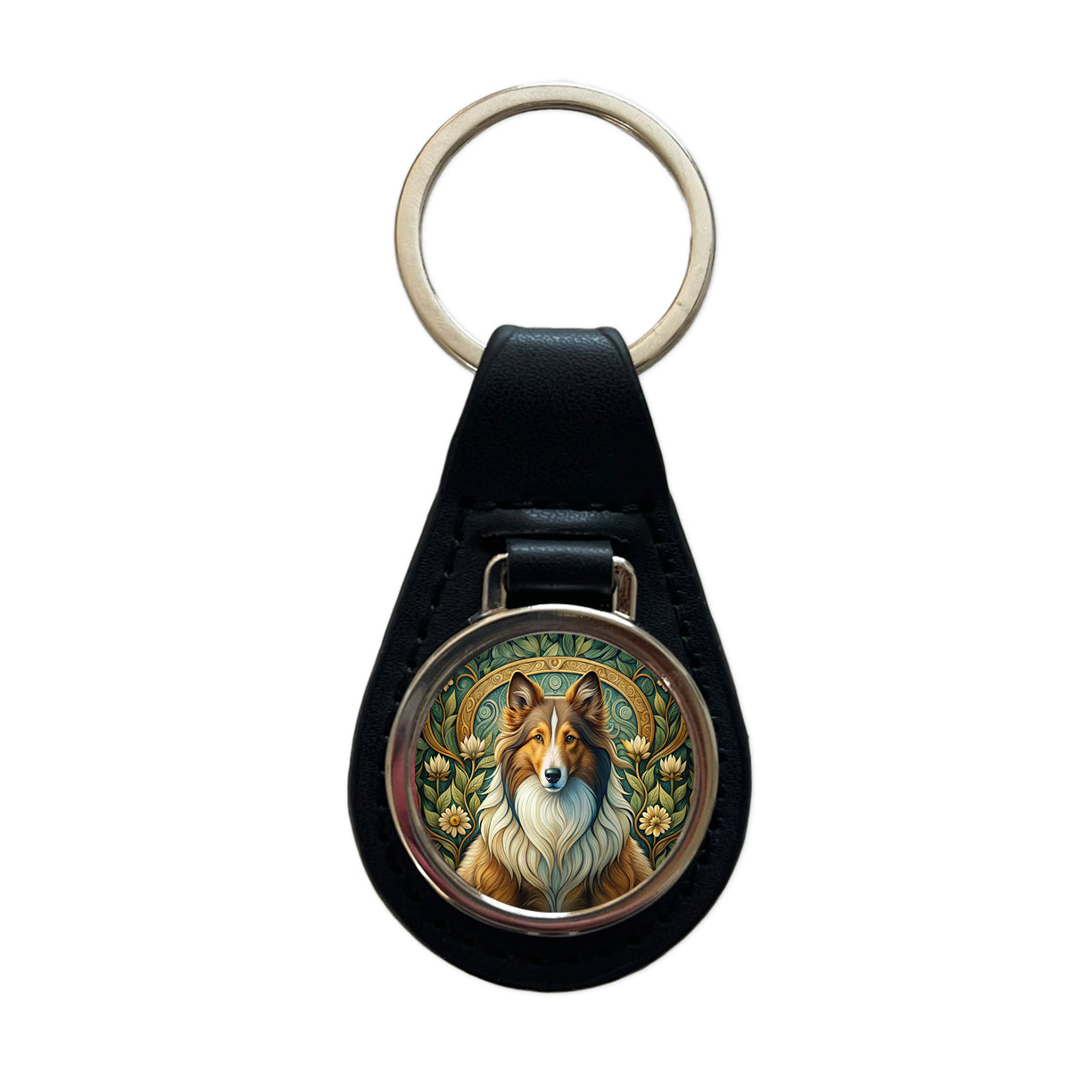Shetland Sheepdog Sheltie Dog Art Nouveau Black Leather Metal Keychain