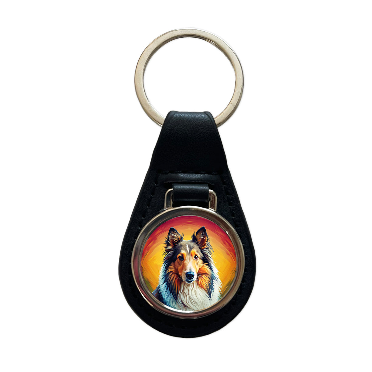 Shetland Sheepdog Sheltie Dog Pop Art Black Leather Metal Keychain