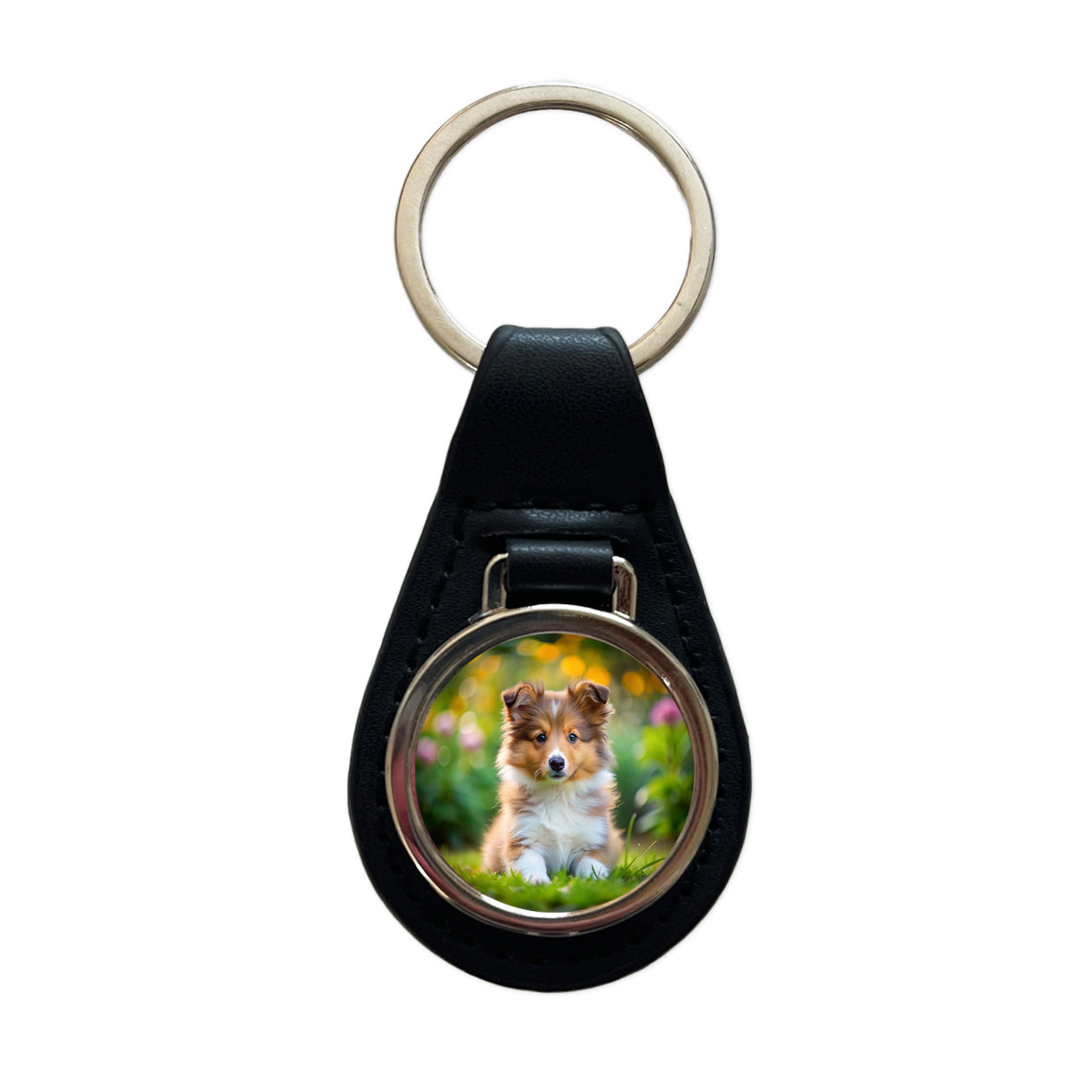 Shetland Sheepdog Sheltie Dog Puppy Photo Black Leather Metal Keychain