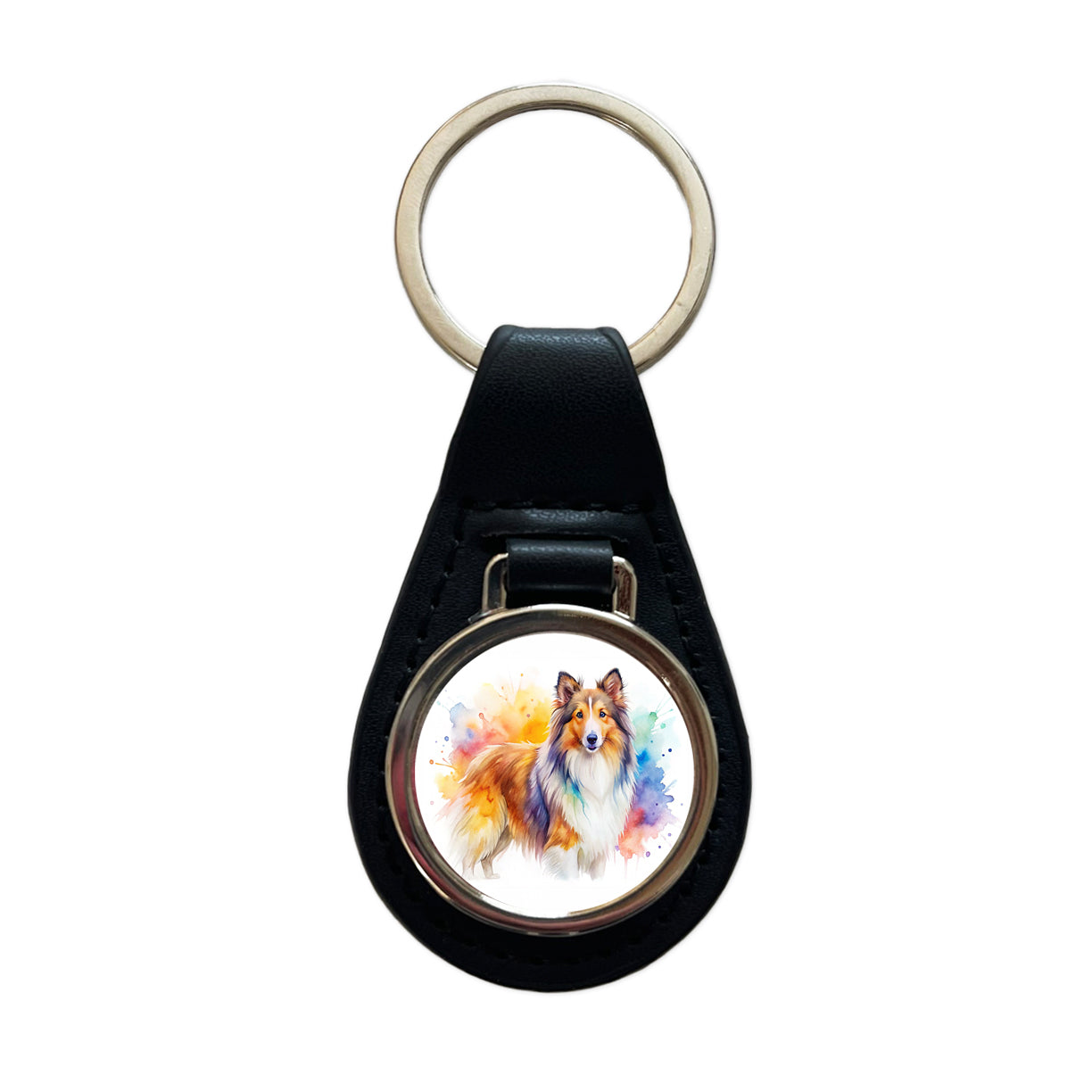 Shetland Sheepdog Sheltie Dog Watercolor Style Black Leather Metal Keychain