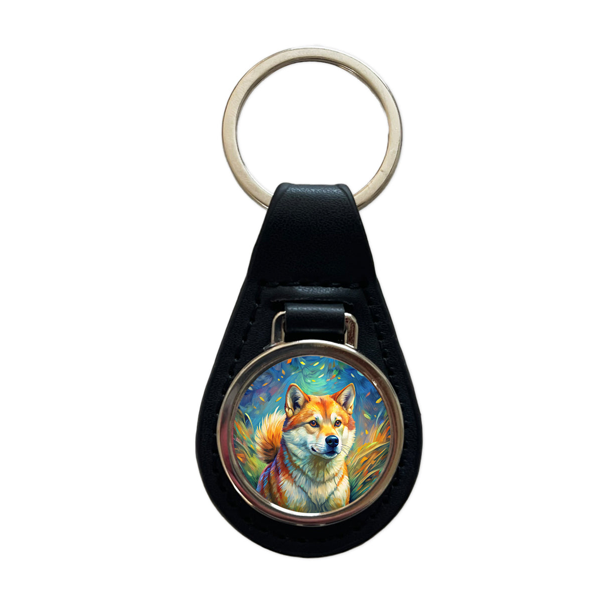 Shiba Inu Dog Expressionism Art Black Leather Metal Keychain
