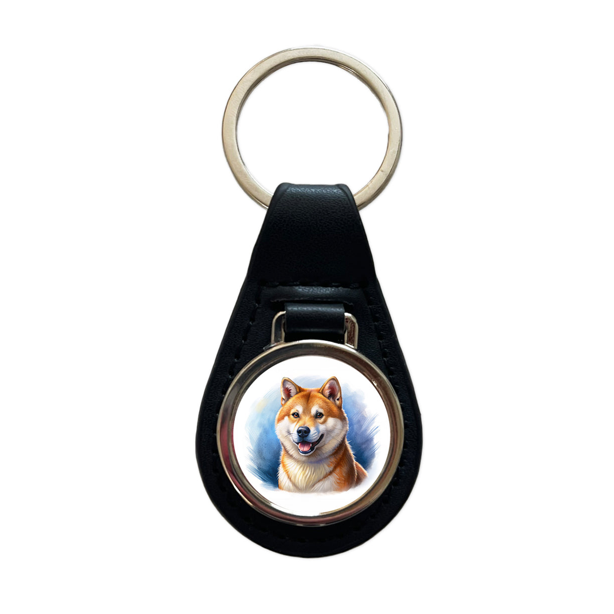 Shiba Inu Dog Illustration Black Leather Metal Keychain