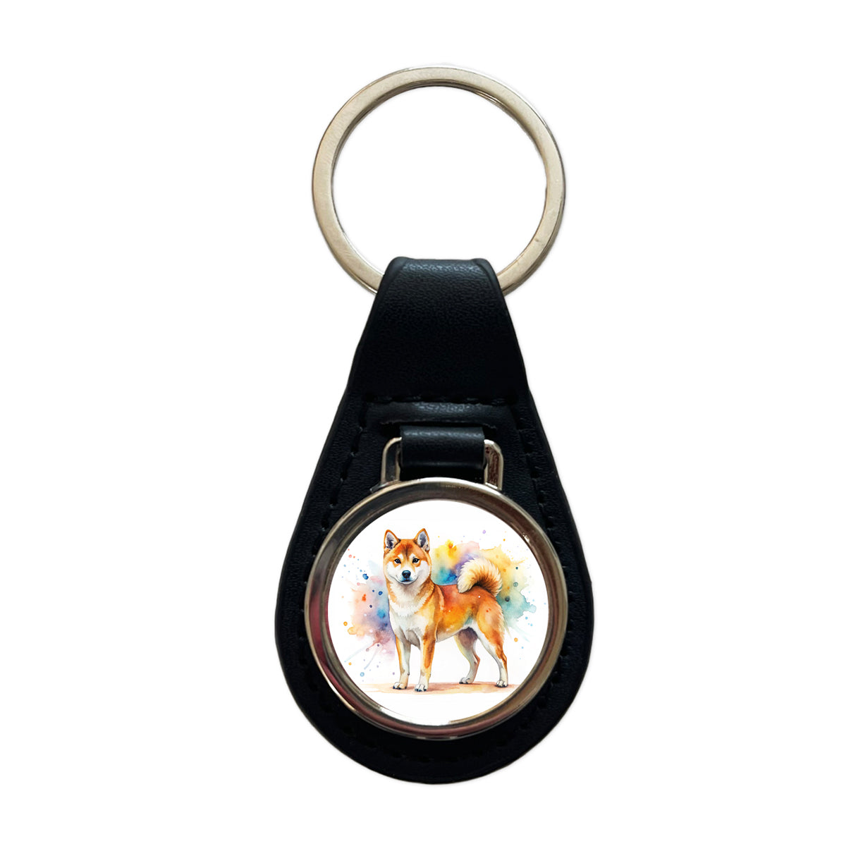 Shiba Inu Dog Watercolor Style Black Leather Metal Keychain