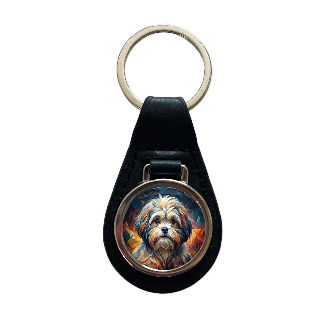 Shih Tzu Dog Abstract Art Black Leather Metal Keychain