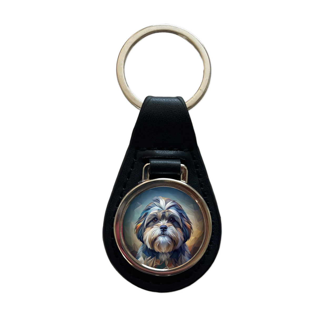Shih Tzu Dog Abstract Stylized Art Black Leather Metal Keychain
