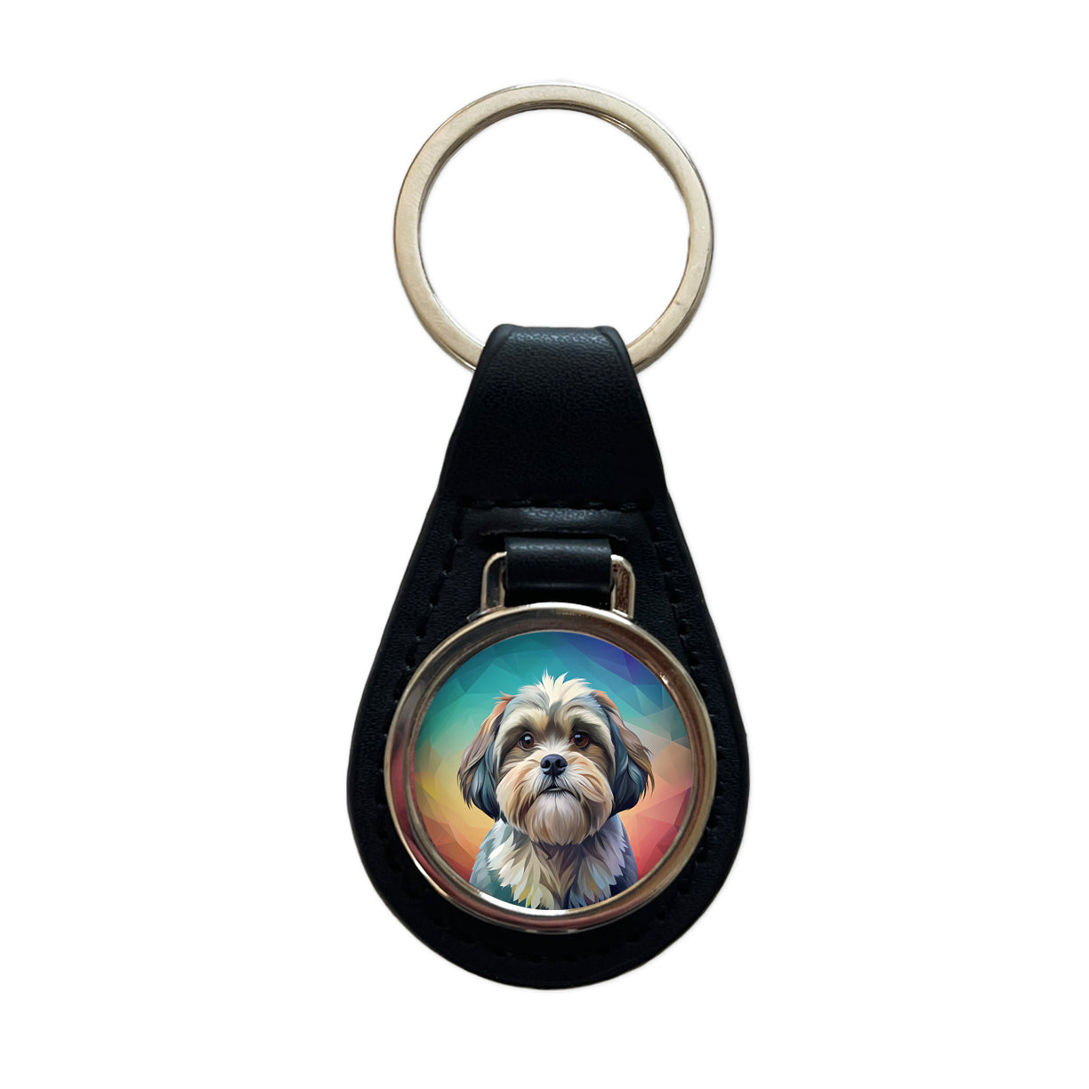 Shih Tzu Dog Contemporary Art Black Leather Metal Keychain