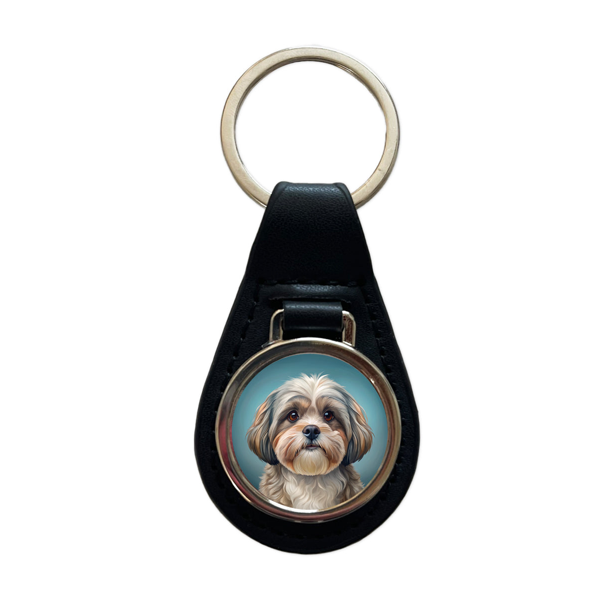 Shih Tzu Dog Illustration Black Leather Metal Keychain