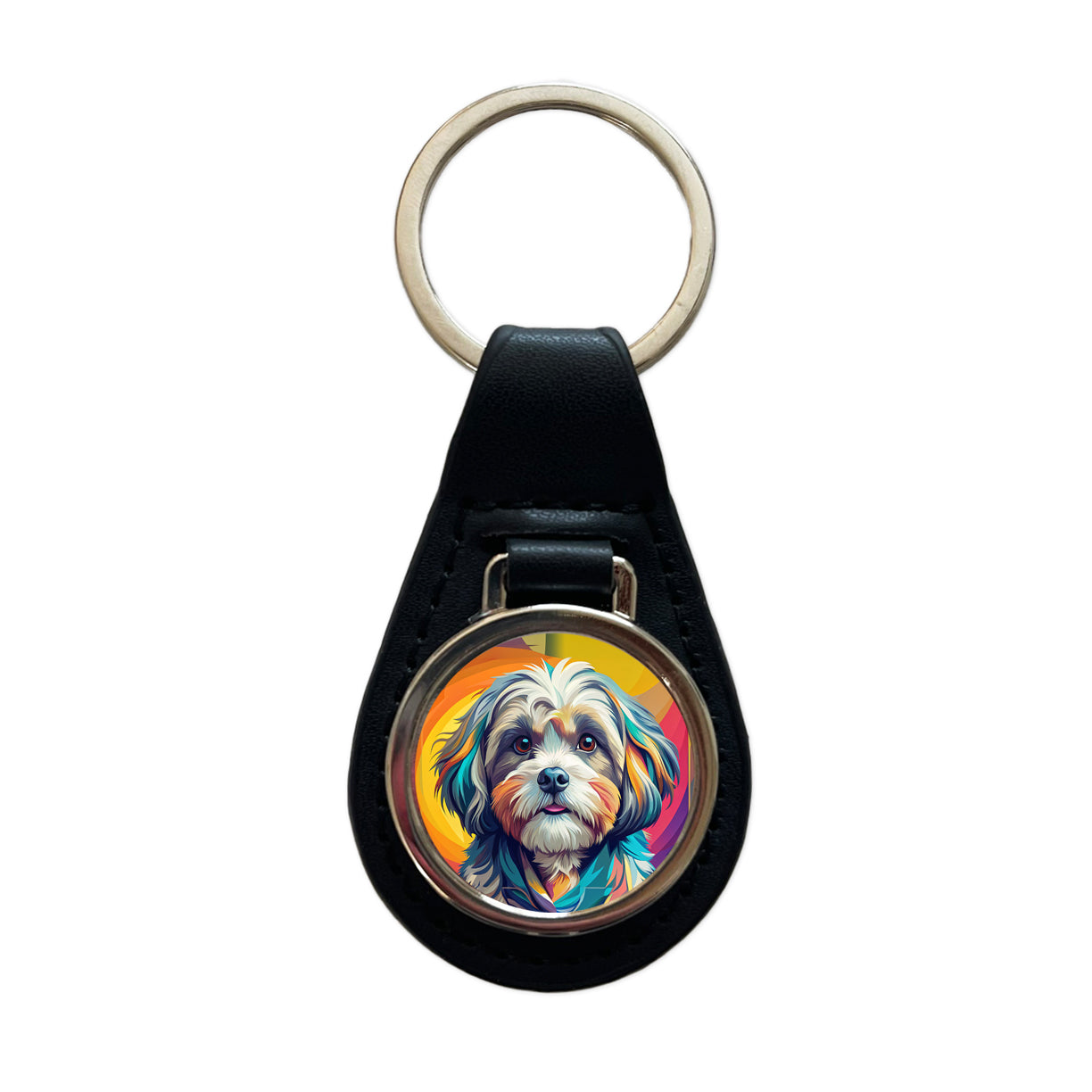 Shih Tzu Dog Pop Art Black Leather Metal Keychain