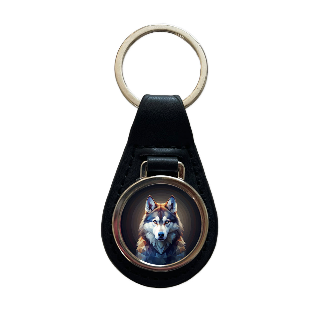 Siberian Husky Dog Abstract Stylized Art Black Leather Metal Keychain