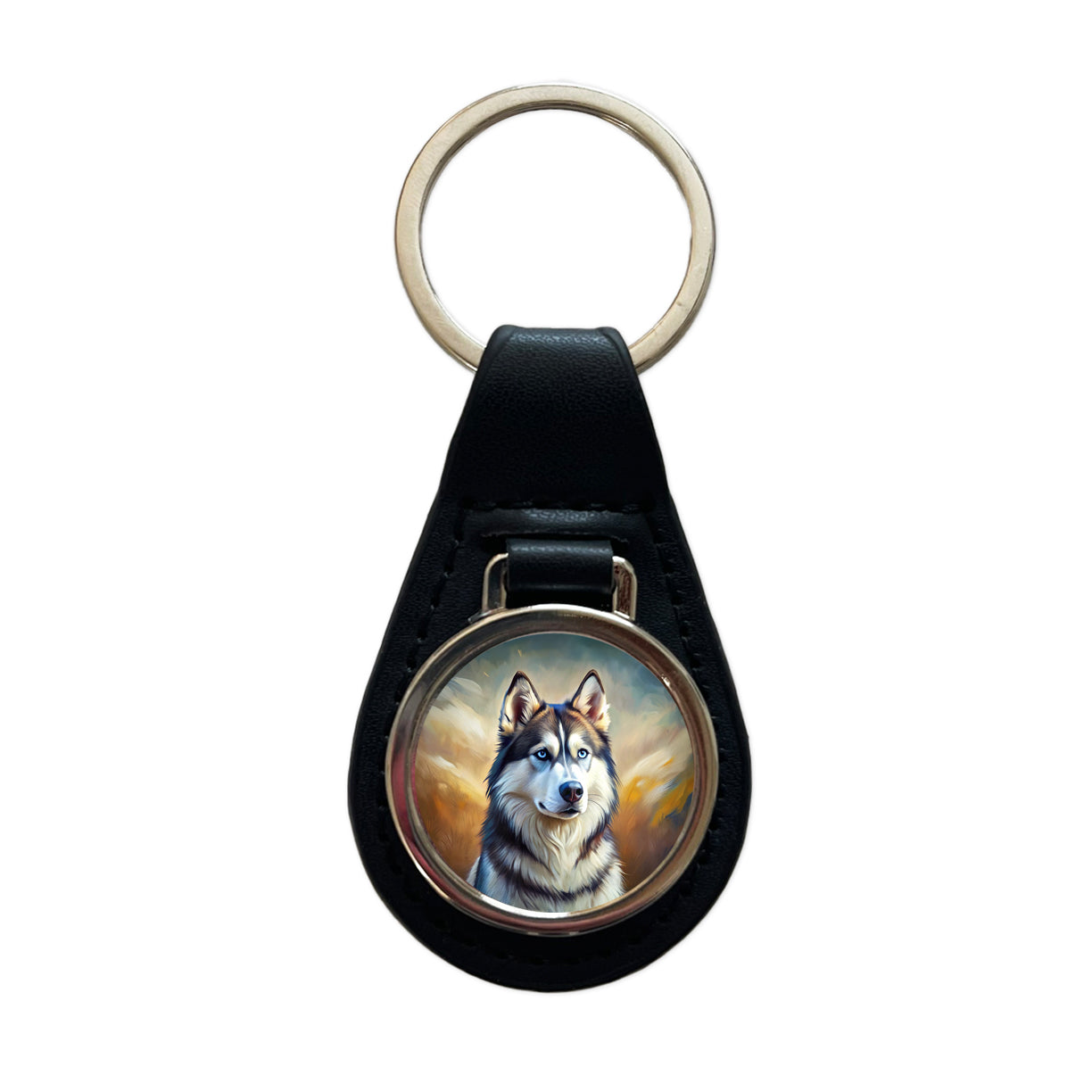 Siberian Husky Dog Expressionism Art Black Leather Metal Keychain