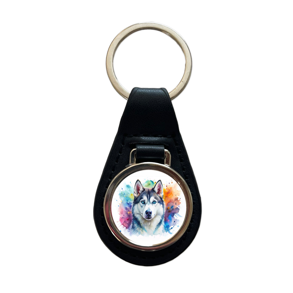 Siberian Husky Dog Watercolor Style Black Leather Metal Keychain